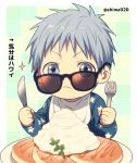  1boy arrow_(symbol) bangs bib blue_eyes blue_hair blue_shirt closed_mouth commentary_request food fork frown holding holding_fork holding_knife knife kuroko_no_basuke kuroko_tetsuya long_sleeves looking_at_viewer male_focus mashima_shima pancake plate shirt short_hair solo sparkle star_(symbol) star_print sunglasses tile_background toddler translation_request twitter_username upper_body younger 