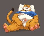  2020 anthro balls belly blush clothing erection felid fur genitals hi_res humanoid_genitalia humanoid_hands humanoid_penis jumperbear kemono male mammal moobs nipples overweight overweight_anthro overweight_male pantherine penis pillow shirt simple_background sitting solo tiger topwear white_body white_fur 