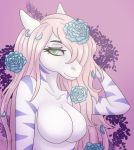  anthro breasts bust_portrait deanwolfwood equestrain equid equine female flower horse mammal pinkhair plant portrait rose_(flower) solo stripes 