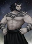  2020 7theaven abs absurd_res amber_eyes anthro beard biceps black_body black_fur black_hair clothed clothing facial_hair fangs felid final_fantasy final_fantasy_xiv fur hair hands_on_hips hi_res hrothgar jewelry male mammal multicolored_body muscular muscular_anthro muscular_male necklace night_sky pecs pinup portrait pose runar_(ffxiv) sharp_teeth solo square_enix standing star teeth three-quarter_portrait topless triceps two_tone_body video_games whiskers white_body white_fur 