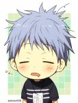  1boy bangs black_shirt blue_hair blush border casual chibi closed_eyes commentary_request eyebrows_visible_through_hair facing_viewer kuroko_no_basuke kuroko_tetsuya male_focus mashima_shima messy_hair mouth_drool open_mouth outside_border shirt short_hair short_sleeves sleepy solo tile_background twitter_username upper_body white_border 