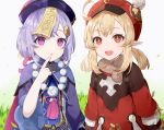  2girls :d ahoge backpack bag bangs dress genshin_impact hair_between_eyes hat hat_feather highres jewelry klee_(genshin_impact) long_hair long_sleeves looking_at_viewer low_twintails multiple_girls necklace open_mouth purple_eyes purple_hair qiqi red_dress red_eyes red_headwear smile twintails white_feathers younomiti 