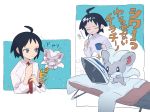  1boy adjusting_neckwear ahoge alternate_costume bangs black_hair blue_eyes cheren_(pokemon) cinccino closed_eyes closed_mouth collared_shirt cup gen_5_pokemon gym_leader highres holding holding_cup holding_toothbrush iron ironing ironing_board male_focus mimura_(nnnnnnnnmoo) multiple_views necktie pokemon pokemon_(creature) pokemon_(game) pokemon_bw2 red_neckwear shirt sleeves_rolled_up sparkle sweat toothbrush translation_request white_shirt 
