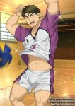  1boy arms_up bara brown_hair bulge field gumroad_username haikyuu!! jumping kienbiu male_focus midriff_peek navel open_mouth patreon_username reward_available short_hair shorts solo sparkle sportswear stomach sweat thighs toned toned_male twitter_username ushijima_wakatoshi volleyball volleyball_uniform white_shorts 