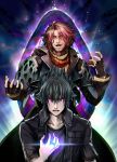  2boys ardyn_izunia black_gloves black_hair black_jacket brown_hair chain collarbone crystal facial_hair final_fantasy final_fantasy_xv fingerless_gloves fingernails frills gloves hair_between_eyes highres jacket jewelry lens_flare male_focus multiple_boys noctis_lucis_caelum open_clothes open_jacket open_mouth purple_eyes ring sanbabasanba stubble teeth tongue yellow_eyes 