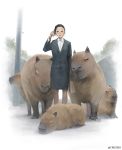  1girl animal arizuka_(13033303) bag black_hair black_jacket black_skirt brown_bag capybara collared_shirt holding holding_bag jacket original outdoors oversized_animal pantyhose shirt skirt solo standing suit_jacket white_shirt wide_shot 