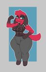  animal_crossing anthro better_version_at_source breasts camel_toe canid canine canis cherry_(animal_crossing) domestic_dog ear_piercing female fur hi_res mammal muscular muscular_anthro muscular_female nintendo piercing red_body red_fur reddrago simple_background smile solo standing video_games wide_hips 