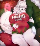  anthro big_breasts black_nails breasts canid canine canis cherrikissu christmas christmas_lights clothing colored_nails cumu detailed_background dialogue digital_media_(artwork) domestic_dog duo eyes_closed eyewear faceless_male female female_focus fluffy fluffy_tail fur glasses hair hand_on_stomach hi_res holidays hug luge male male/female mammal nails neck_tuft nordic_sled_dog pregnant samoyed singing solo_focus spitz sweater thick_thighs topwear tuft white_body white_fur white_hair 