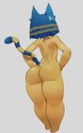  2020 absurd_res animal_crossing ankha_(animal_crossing) anthro blue_hair butt domestic_cat felid feline felis female full-length_portrait fur grey_background hair hands_on_hips hi_res krid mammal nintendo nude portrait rear_view short_hair simple_background solo striped_tail stripes thick_thighs video_games yellow_body yellow_fur 
