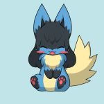  1:1 2020 3_toes ambiguous_gender black_body black_fur black_nose blue_background blue_body blue_fur blush blush_stickers canid canine cute_fangs dipstick_ears eyes_closed feral fur gloves_(marking) happy kemono looking_at_viewer mammal markings multicolored_ears neck_tuft open_mouth open_smile pawpads simple_background sitting smile solo tekumoko toes tongue tuft yellow_body yellow_fur 