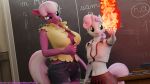  16:9 3d_(artwork) absurd_res anthro bottomwear chalkboard cheerilee_(mlp) classroom clothing digital_media_(artwork) duo earth_pony equid equine extremespeedslowpoke female fire fireball friendship_is_magic hi_res horn horse mammal midriff my_little_pony pony school school_uniform shorts sweetie_belle_(mlp) tongue tongue_out unicorn uniform widescreen 