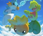  black_eyes blue_sky cloud cloudy_sky commentary creature day english_commentary full_body gen_3_pokemon looking_at_viewer mudkip no_humans outdoors pinkgermy pokemon pokemon_(creature) sky starter_pokemon starter_pokemon_trio torchic treecko water 