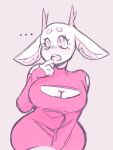  ... anthro antlers big_breasts bimbo_deer breasts cervid cleavage cleavage_cutout clothed clothing dress eyelashes female hi_res horn inner_ear_fluff looking_up mammal monochrome open_mouth pink_background simple_background solo teeth tuft v1rtualdarl1ng 
