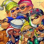  6+girls banonefans black_jacket black_mask blonde_hair blue_eyes blush brown_jacket character_request closed_mouth commentary_request dated domino_mask fang glasses goggles green_eyes green_jacket grey_eyes hat hug inkling jacket long_sleeves mask multiple_girls octoling one_eye_closed open_mouth orange_hair pink_hair pointy_ears profile red_hair sailor_hat splatoon_(series) splatoon_2 squidbeak_splatoon suction_cups sweatdrop tan tentacle_hair white-framed_eyewear white_headwear yellow_background yellow_eyes 
