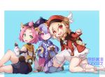  3girls :d absurdres ahoge animal_ear_fluff animal_ears backpack bag bangs cat_girl coconut diona_(genshin_impact) dress fang full_body genshin_impact green_eyes hair_between_eyes hat hat_feather highres jewelry klee_(genshin_impact) long_hair long_sleeves looking_at_viewer low_twintails moe_shin_image_residue multiple_girls necklace open_mouth pink_hair pointy_ears purple_eyes purple_hair qiqi red_dress red_eyes red_headwear shorts sitting smile twintails white_feathers white_legwear 
