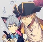  ... 2boys animal_ears arrow_(symbol) bangs black_headwear black_vest blonde_hair blue_bow blue_eyes blue_hair blush bow bowtie cat_ears cat_tail cat_teaser closed_mouth collared_shirt commentary_request earrings eyebrows_visible_through_hair fake_animal_ears fake_tail grey_background hair_between_eyes hand_on_another&#039;s_shoulder hat holding jewelry kise_ryouta kuroko_no_basuke kuroko_tetsuya looking_at_another male_focus mashima_shima motion_lines multiple_boys pirate_hat shirt short_hair simple_background smile speech_bubble spoken_ellipsis sweatdrop tail translation_request twitter_username vest white_shirt yaoi yellow_eyes 
