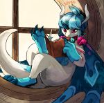  ambiguous_gender anthro blitzdrachin blue_hair book claws conditional_dnp dragon drawing evening hair hi_res horn semi-anthro sifyro sitting solo wings 