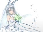  animal_ears arknights blue_background bouquet bridal_veil bride bunny_ears character_name diamond_(gemstone) dress elbow_gloves flower frostnova_(arknights) gloves gradient gradient_background hair_ornament highres holding holding_bouquet ice scar scar_on_face scar_on_nose snowflake_choker snowflake_hair_ornament strapless strapless_dress veil wedding_dress white_background white_dress yu_ji_miao 