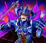  1boy abs armor black_sclera blue_armor blue_eyes breastplate brown_hair cape chain clawed_gauntlets corruption gauntlets gem grand_summoners hair_between_eyes helmet heterochromia holding holding_polearm holding_weapon horned_headwear horned_helmet male_focus open_mouth pauldrons polearm purple_cape red_eyes sanbabasanba shoulder_armor slit_pupils smile solo teeth tongue torn torn_cape torn_clothes vambraces weapon 