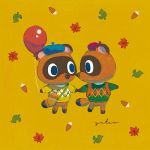  2boys animal_crossing balloon blue_eyes blue_headwear brothers eye_contact gatao green_sweater hat holding holding_balloon holding_hands long_sleeves looking_at_another male_focus multiple_boys red_headwear siblings signature standing sweater symbol_commentary timmy_(animal_crossing) tommy_(animal_crossing) twins yellow_background yellow_sweater 