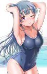  1girl ;) armpits arms_up bangs bare_arms bare_legs blue_hair blue_swimsuit blunt_bangs blush breasts cleavage closed_mouth collarbone competition_school_swimsuit covered_navel eyebrows_visible_through_hair eyelashes gonta_(gshoutai) groin highres long_hair love_live! love_live!_sunshine!! medium_breasts one-piece_swimsuit one_eye_closed pool purple_eyes raised_eyebrows red_eyes school_swimsuit side_bun skin_tight skindentation smile solo spaghetti_strap swimsuit tsushima_yoshiko wet 