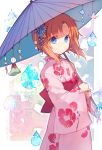  1girl bell blue_eyes closed_mouth hair_ornament higurashi_no_naku_koro_ni hiragi_rin holding holding_umbrella japanese_clothes kimono oil-paper_umbrella orange_hair origami paper_crane pink_kimono ryuuguu_rena smile solo tassel teruterubouzu umbrella water_drop yukata 