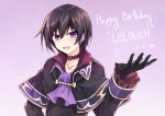  1boy binato_lulu black_capelet black_gloves black_hair capelet character_name choker code_geass dated earrings gloves happy_birthday jewelry lelouch_lamperouge looking_at_viewer male_focus open_mouth purple_background purple_eyes short_hair smile solo 