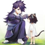  1boy 1girl absurdres animal_ear_fluff animal_ears barefoot black_hair cat_ears cat_tail closed_eyes closed_mouth copyright_request dejio fingernails grass hair_over_one_eye highres huge_filesize long_hair looking_at_another no_pants one_knee petting pointy_ears purple_eyes purple_hair shirt short_hair smile standing t-shirt tail 