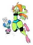  2020 absurd_res amphibian animal_humanoid bottomwear cheerleader clothing duo female fish fish_humanoid frog gills green_body green_scales hair herny hi_res hopping_gills humanoid kip_(hopping_gills) knee_pads male marine marine_humanoid midriff pom_poms priscilla_anchorstream red_hair scales shorts simple_background sport suspended_in_midair volleyball white_background wide_hips 