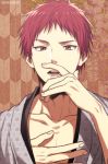  1boy akashi_seijuurou bangs collarbone commentary_request floral_background floral_print grey_kimono hand_on_own_chest hand_up japanese_clothes kimono kuroko_no_basuke looking_at_viewer male_focus mashima_shima open_mouth pectorals red_eyes red_hair short_hair solo teeth twitter_username 
