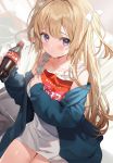  1girl bag_of_chips bangs bare_shoulders blue_jacket blurry blurry_background blush bottle bow breasts closed_mouth cola collarbone commentary_request depth_of_field dress eyebrows_visible_through_hair hair_bow hair_intakes highres holding holding_bottle jacket kanda_done light_brown_hair long_hair looking_at_viewer medium_breasts object_hug off_shoulder open_clothes open_jacket original purple_eyes sitting sleeveless sleeveless_dress soda_bottle solo sweat two_side_up very_long_hair white_bow white_dress 