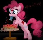  blood blood_on_face blood_on_hand blue_eyes bodily_fluids cupcake cupcakes_(mlp_fanfic) cutie_mark death food friendship_is_magic fur furniture hair hasbro implied_cannibalism my_little_pony pink_body pink_fur pink_hair pinkamena_diane_pie pinkie_pie_(mlp) reitanna-seishin smile sprinkles table 