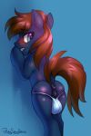  2020 2:3 absurd_res anus balls blue_background blue_body blue_eyes blue_fur blueberry_fizz blush brown_mane brown_tail bulge butt clothing dock english_text equid equine fan_character feral fur genitals hasbro hi_res horse jedayskayvoker jockstrap leaning_on_wall looking_at_viewer looking_back male mammal mane my_little_pony perineum pony puffy_anus signature simple_background solo text underwear 