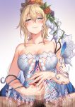  1boy 1girl aldehyde bangs bare_shoulders blonde_hair blue_cape blue_eyes blue_ribbon blush breasts cape cleavage closed_mouth collarbone dress erection europa_(granblue_fantasy) flower granblue_fantasy hair_flower hair_ornament handjob hetero highres large_breasts looking_at_viewer penis ribbon smile tiara white_dress 