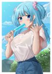  1girl aqua_hair bangs blue_eyes blue_shorts blue_sky blush border bra_through_clothes buttons cloud collarbone denim denim_shorts droplet eyebrows_visible_through_hair food food_in_mouth hands_up highres holding holding_food jewelry leaf long_hair looking_at_viewer magia_record:_mahou_shoujo_madoka_magica_gaiden mahou_shoujo_madoka_magica minami_rena noeru outdoors pink_scrunchie popsicle popsicle_stick ring scrunchie see-through shirt shirt_tucked_in short_sleeves short_twintails shorts sky solo sucking sweat sweatdrop twintails wet white_border white_shirt 