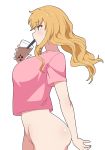  1girl absurdres ass bangs blonde_hair blue_eyes blush bottomless breasts bubble_tea commentary_request cowboy_shot cup disposable_cup drinking drinking_straw eyebrows_visible_through_hair from_side groin highres holding holding_cup idolmaster idolmaster_cinderella_girls large_breasts long_hair ootsuki_yui pink_shirt profile shilka_(amur_shilka) shirt short_sleeves sidelocks simple_background solo t-shirt white_background 