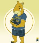  2020 anthro capybara carrying caviid clothed clothing color_swatch domestic_cat duo english_text eyes_closed felid feline felis feral fully_clothed fur hi_res male mammal restricted_palette rodent shirt simple_background standing t-shirt text theblueberrycarrots topwear yellow_background 