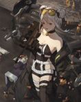  1girl absurdres alternate_costume bare_shoulders black_choker black_gloves black_jacket black_legwear breasts bullpup choker cirilla cleavage dinergate_(girls_frontline) double_bun eyebrows_visible_through_hair eyewear_on_head girls_frontline gloves gun highres holding holding_weapon jacket jacket_pull jewelry looking_at_viewer medium_hair necklace open_mouth p90 p90_(girls_frontline) red_eyes silver_hair small_breasts solo standing submachine_gun thighhighs weapon 