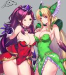  2girls ;o angela_(seiken_densetsu_3) bare_shoulders blonde_hair blush breasts choker cleavage closed_mouth commentary_request covered_navel earrings gem gloves green_eyes green_ribbon grey_background hair_ribbon hat helmet highres jewelry large_breasts leotard long_hair multiple_girls negresco one_eye_closed pointy_ears purple_choker purple_eyes purple_gloves purple_hair purple_headwear red_leotard ribbon riesz seiken_densetsu seiken_densetsu_3 simple_background smile thighs winged_helmet 