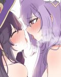  2girls absurdres artist_name blush closed_eyes dolechan earrings face-to-face genshin_impact half-closed_eyes hat heavy_breathing highres jewelry keqing kiss mona_(genshin_impact) multiple_girls open_mouth purple_eyes purple_hair saliva saliva_trail simple_background tongue tongue_out twintails white_background witch_hat yuri 