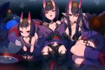  3girls age_comparison bangs bare_shoulders blush bob_cut breasts cis05 collarbone eyeliner fate/grand_order fate_(series) headpiece horns japanese_clothes kimono large_breasts long_hair long_sleeves looking_at_viewer makeup multiple_girls multiple_persona older oni oni_horns purple_eyes purple_hair purple_kimono revealing_clothes short_hair shuten_douji_(fate/grand_order) sitting skin-covered_horns small_breasts smile wide_sleeves younger 