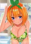  1girl bikini blue_eyes bow breasts cleavage closed_mouth commentary_request go-toubun_no_hanayome green_bikini green_bow green_hairband green_ribbon hair_ribbon hairband highres large_breasts leaning_forward looking_at_viewer nakano_yotsuba orange_hair ribbon short_hair smile solo swimsuit tutler 