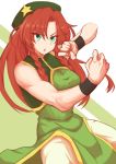  1girl absurdres alternate_costume bare_shoulders beret braid breasts china_dress chinese_clothes dress fugaku_(miko_no_miyatsuguchi) green_eyes hat hat_ornament highres hong_meiling large_breasts long_hair martial_arts muscle muscular_female star_(symbol) touhou wrist_cuffs 