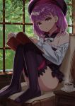  1girl absurdres bangs bare_shoulders beret black_legwear blush book breasts coffee cup detached_collar detached_sleeves dress fate/grand_order fate_(series) frozen_yakan hat helena_blavatsky_(fate/grand_order) highres leaf looking_at_viewer open_book open_mouth purple_eyes purple_hair short_dress short_hair sitting small_breasts strapless strapless_dress thighhighs white_sleeves window 