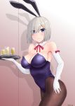  1girl absurdres animal_ears black_legwear blue_eyes breasts bunny_ears bunny_tail cowboy_shot detached_collar elbow_gloves eyes_visible_through_hair gloves hair_ornament hair_over_one_eye hairclip hamakaze_(kantai_collection) highres jousanrou kantai_collection large_breasts leotard looking_at_viewer neck_ribbon pantyhose playboy_bunny purple_leotard red_ribbon ribbon short_hair silver_hair solo strapless strapless_leotard tail tray white_gloves 