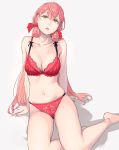  1girl akashi_(kantai_collection) bare_arms bare_legs bare_shoulders barefoot bra breasts cleavage collarbone eyebrows_visible_through_hair green_eyes hair_between_eyes hair_ribbon highres kantai_collection long_hair medium_breasts navel panties pink_hair red_bra red_panties red_ribbon ribbon solo tress_ribbon underwear underwear_only yuuji_(and) 