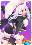  1girl animal_ears fire_emblem fire_emblem_awakening fire_emblem_heroes gloves grima_(fire_emblem) halloween_costume highres long_sleeves open_mouth paw_gloves paws red_eyes robin_(fire_emblem) robin_(fire_emblem)_(female) shorts solo taguchi_(igutiguti) tail thigh_strap tongue tongue_out twintails twitter_username white_hair wolf_ears wolf_tail 