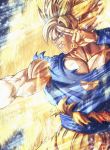  1boy absurdres aura bare_pecs blonde_hair blue_eyes dragon_ball dragon_ball_z energy highres huge_filesize looking_to_the_side male_focus muscle orange_pants pectorals salute shirt sleeveless smile solo son_goku spiked_hair sumutemu super_saiyan torn_clothes torn_shirt two-finger_salute 