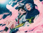  2girls ^_^ anchor anchor_print anchor_symbol bangs black_footwear black_hair blue_hair blurry blurry_background boots breasts closed_eyes cloud commentary_request dated depth_of_field feet_out_of_frame green_eyes hat hood kesa knees_up kumoi_ichirin looking_afar meimaru_inuchiyo multiple_girls murasa_minamitsu parted_bangs red_serafuku sailor_collar sailor_hat sailor_shirt shirt short_hair short_sleeves shorts sitting small_breasts touhou unzan upper_teeth white_shirt white_shorts 