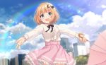  1girl :d bangs black_bow blonde_hair blouse blue_eyes blunt_bangs bow bowtie center_frills cityscape cloud collared_shirt commentary_request cowboy_shot day frilled_skirt frills hair_bow indie_virtual_youtuber lace_sleeves long_sleeves open_mouth outdoors pink_skirt rainbow shiratori_kurumi shiromikan shirt short_hair skirt sky smile solo umbrella virtual_youtuber water_drop white_blouse 